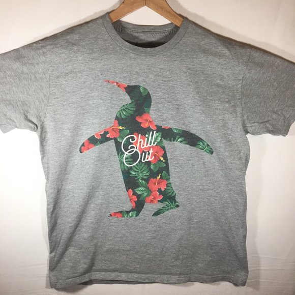 Awesome Sauce Women's Gray Large Short Sleeve Shirt Floral Penguin Chill Out - Picture 1 of 7